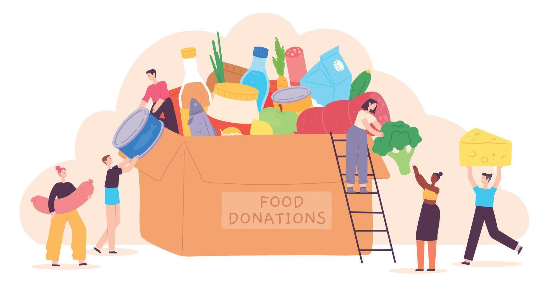 people-donate-food-tiny-characters-put-grocery-product-in-charity-box-volunteer-community-help-for-poor-holiday-food-drive-concept-vector