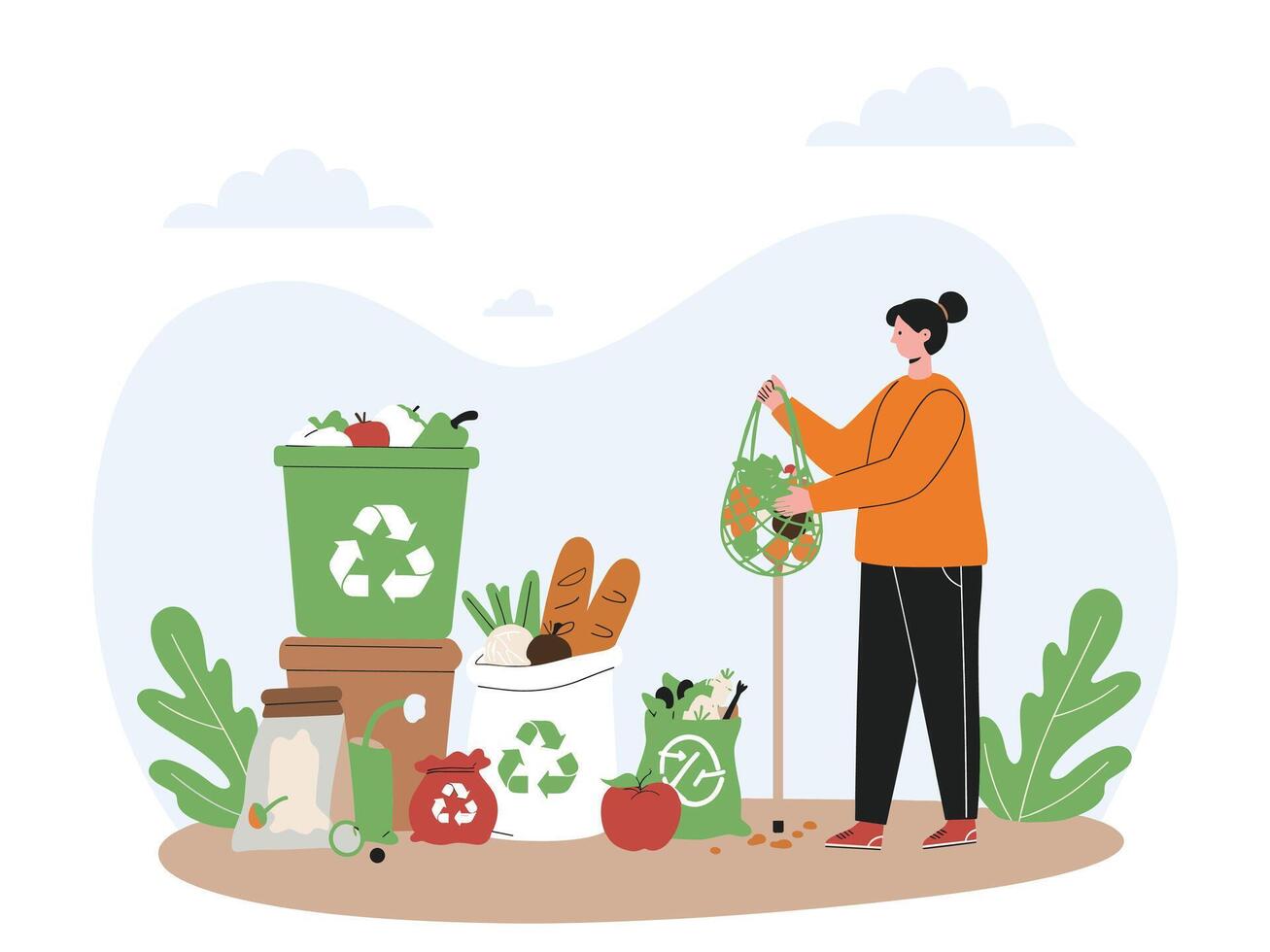 woman-with-garbage-bags-and-recycling-bins-vector